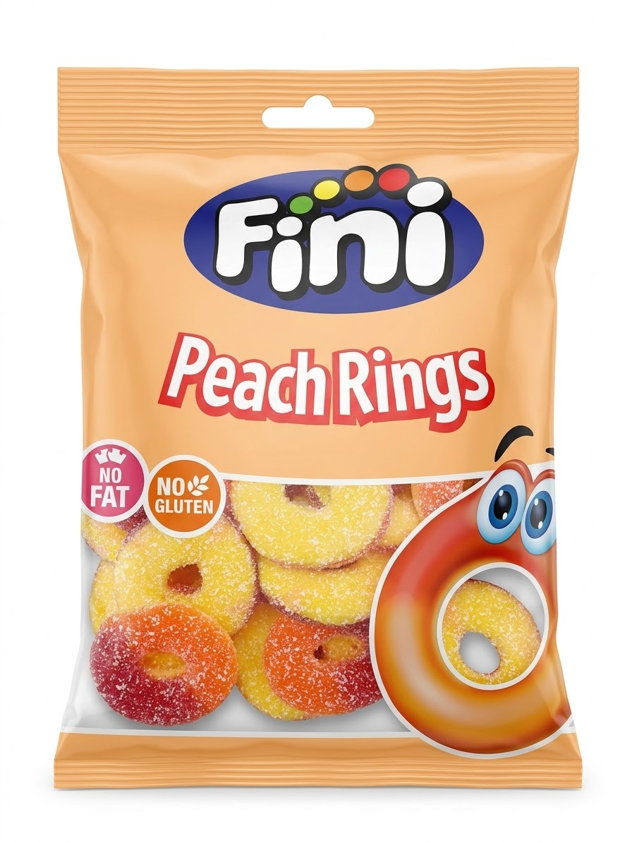 Fini Peach Rings 90g Fini Peach Rings 90g peach-flavored ring-shaped gummy candies