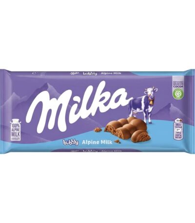 Milka Bubbly Alpine Milk Chocolate Bar 90g with airy bubbly chocolate texture