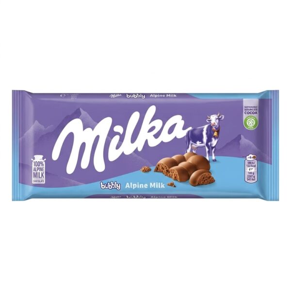 Milka Bubbly Alpine Milk Chocolate Bar 90g with airy bubbly chocolate texture