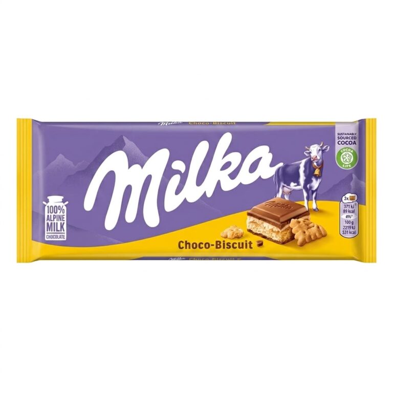Milka Choc-Biscuit 100g Alpine milk chocolate with whole almonds and caramel flavour pieces