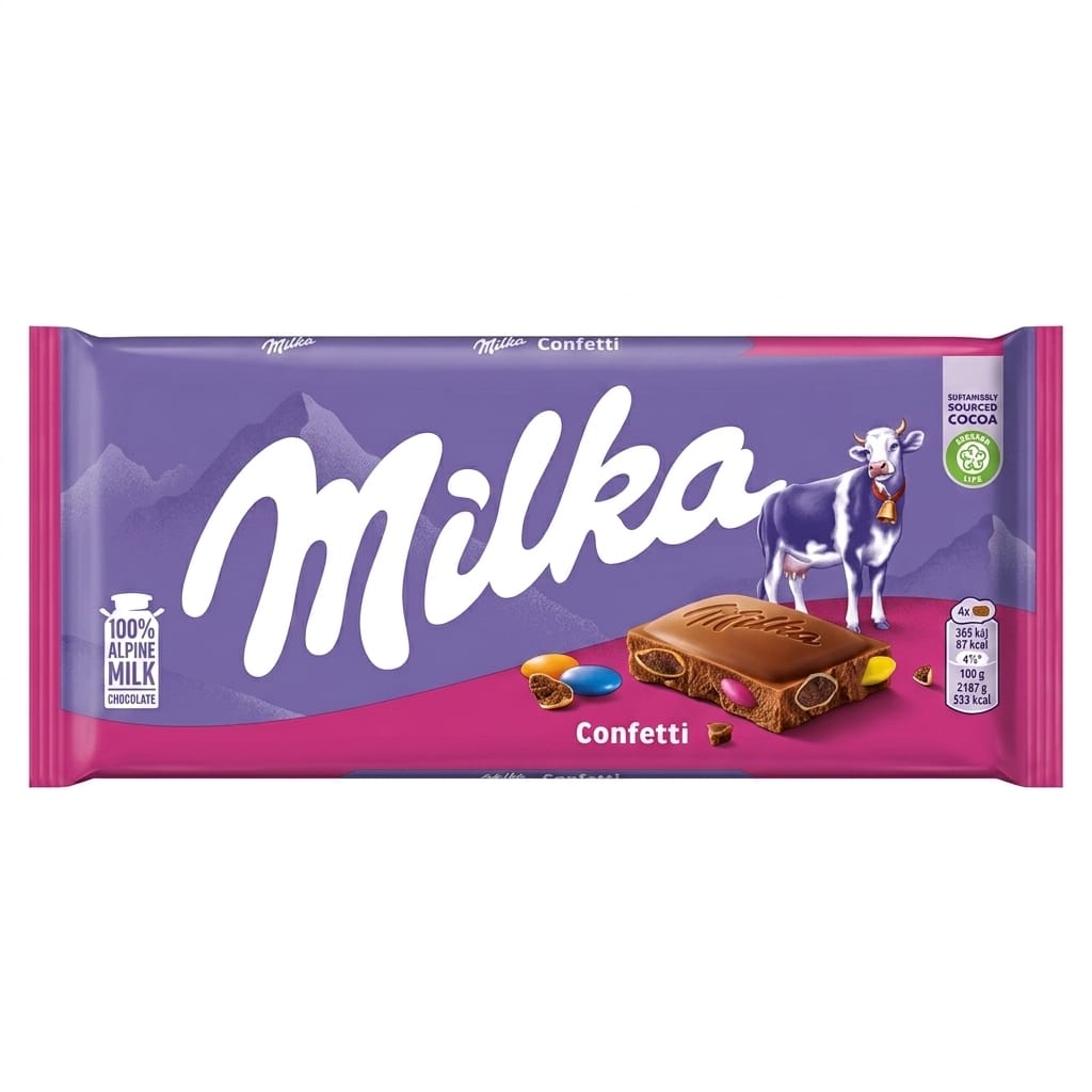 MILKA CONFETTI Milka Confetti 100g Alpine milk chocolate bar with colourful cocoa dragees