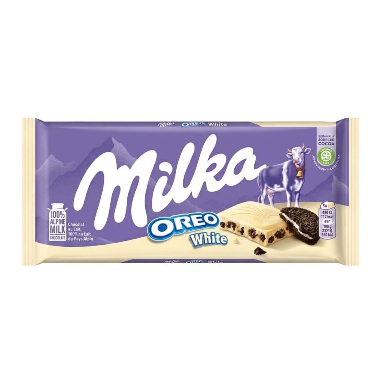 Milka Oreo White 100g white chocolate bar with creamy vanilla filling and crunchy cocoa biscuit pieces